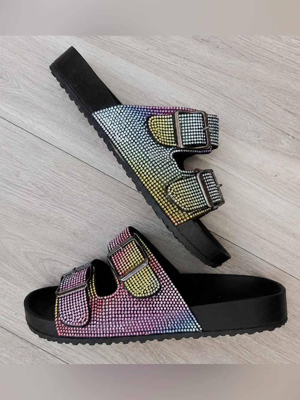 Steve Madden JWOWZ Sandals Girls Size 5 Black Multicolor Rhinestone Platform